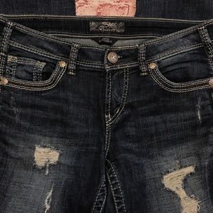 SOLD Silver dark washes distressed jeans